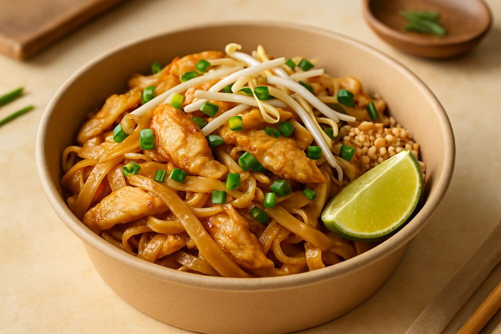 Chicken Pad Thai — rice noodles with chicken, bean sprouts, peanuts & lime